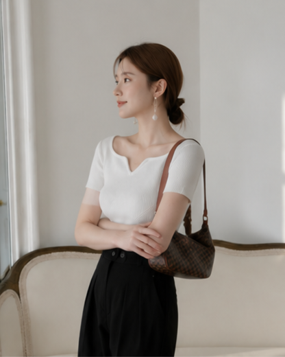 セット対象 | 2BUY10%OFF【即納】半袖カーブネックリブニットトップス