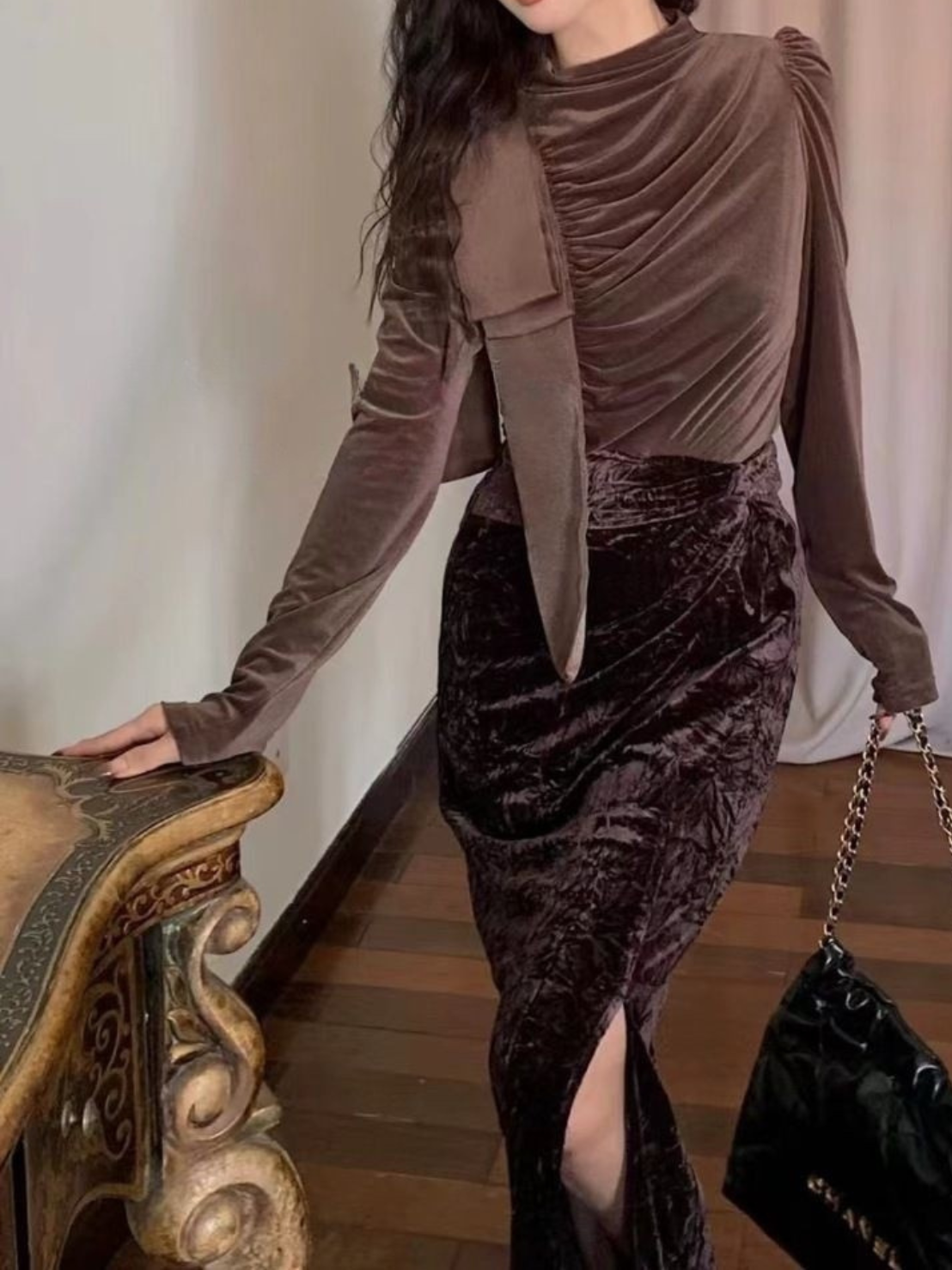 【即納】ドレープベルベット リボンネックトップス