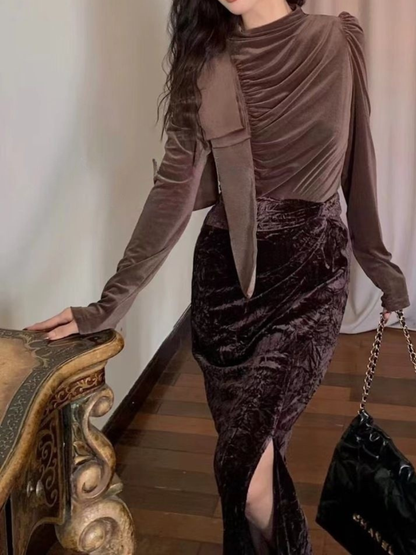 【即納】ドレープベルベット リボンネックトップス