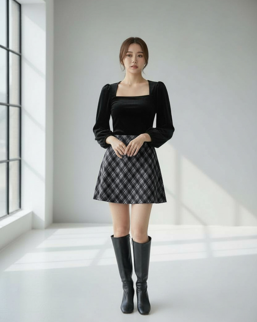 ［ SET ］スクエアネックベロアトップス×チェックAラインミニスカート