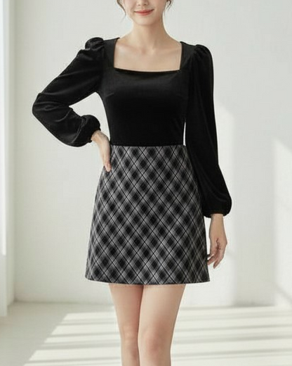 ［ SET ］スクエアネックベロアトップス×チェックAラインミニスカート