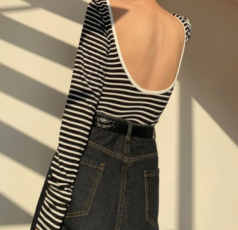 【即納】バックオープンボーダーカットソー