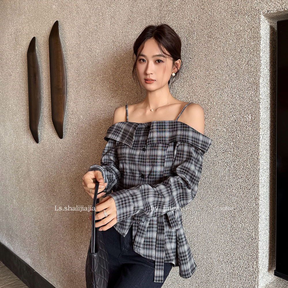 【一部即納】チェックオフショルダーブラウス