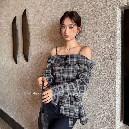 【一部即納】チェックオフショルダーブラウス