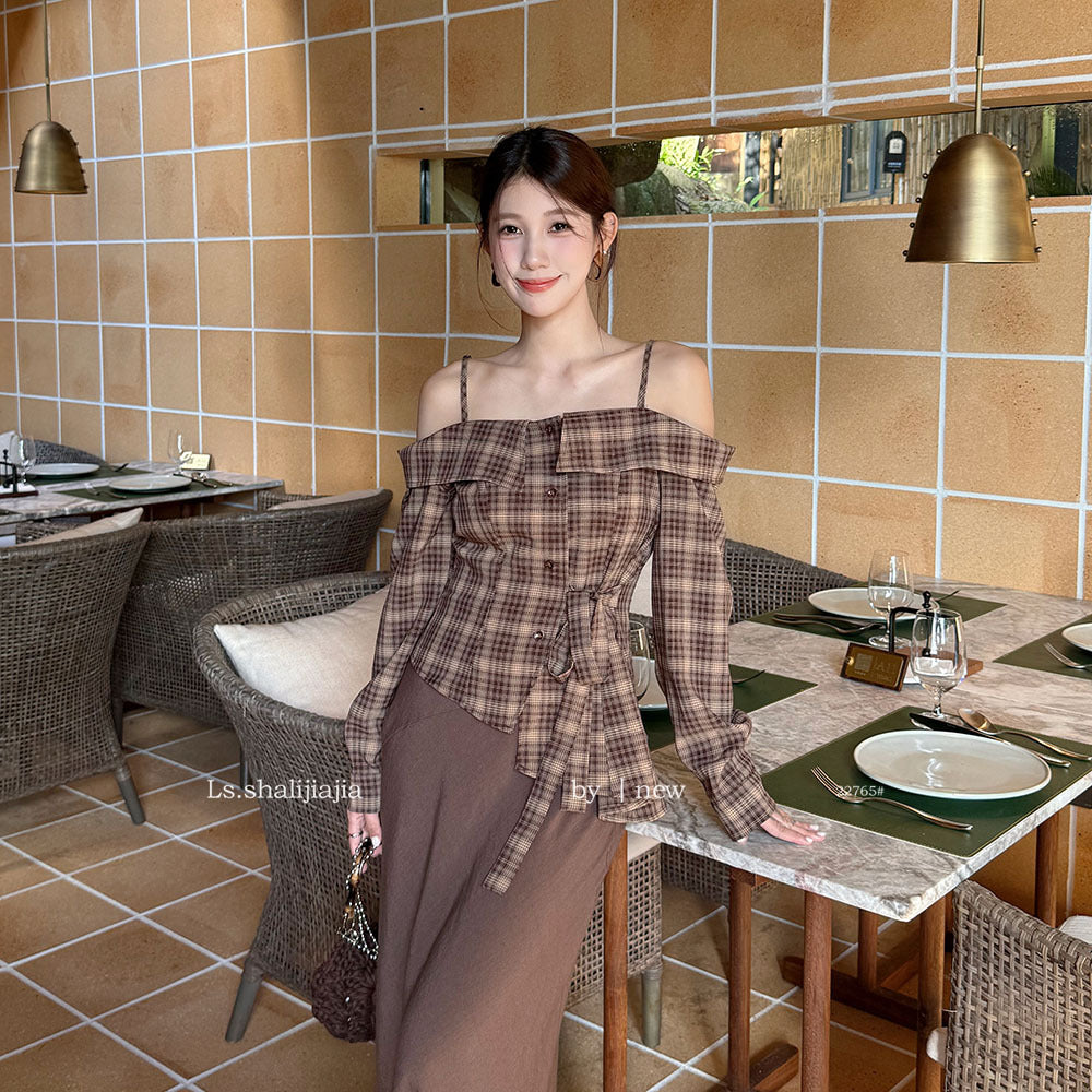 【一部即納】チェックオフショルダーブラウス