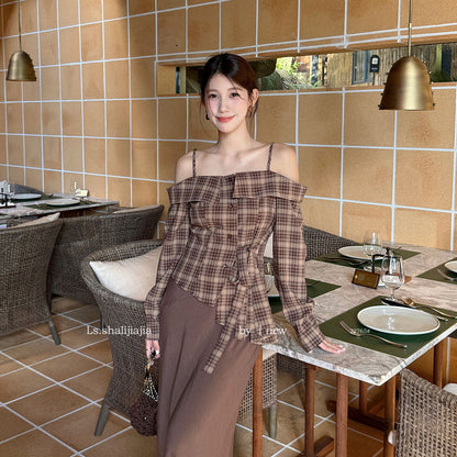 【一部即納】チェックオフショルダーブラウス