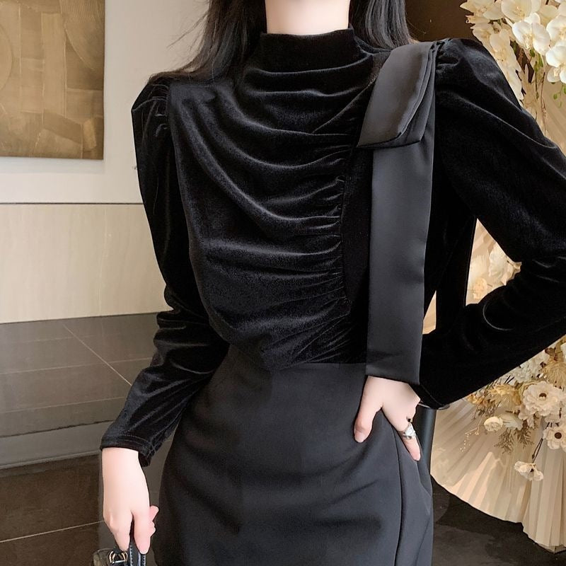 【即納】ドレープベルベット リボンネックトップス