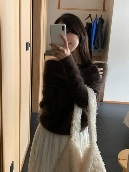 ［ SET ］モヘアライクフェザーニットプルオーバー × ティアードシフォンロングスカート