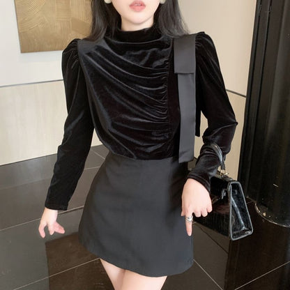 【即納】ドレープベルベット リボンネックトップス