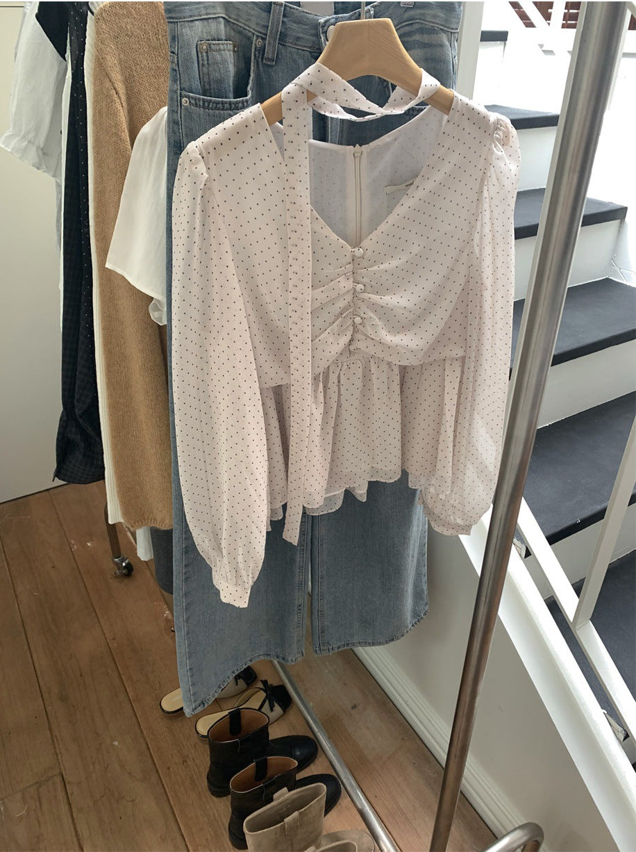 【即納】クラシックドット タイネックシフォンブラウス