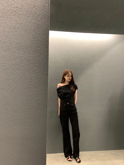 即納【新作 4/10(金)12:00～販売START】ギャザードレープワンショルトップス