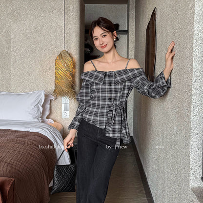 【一部即納】チェックオフショルダーブラウス
