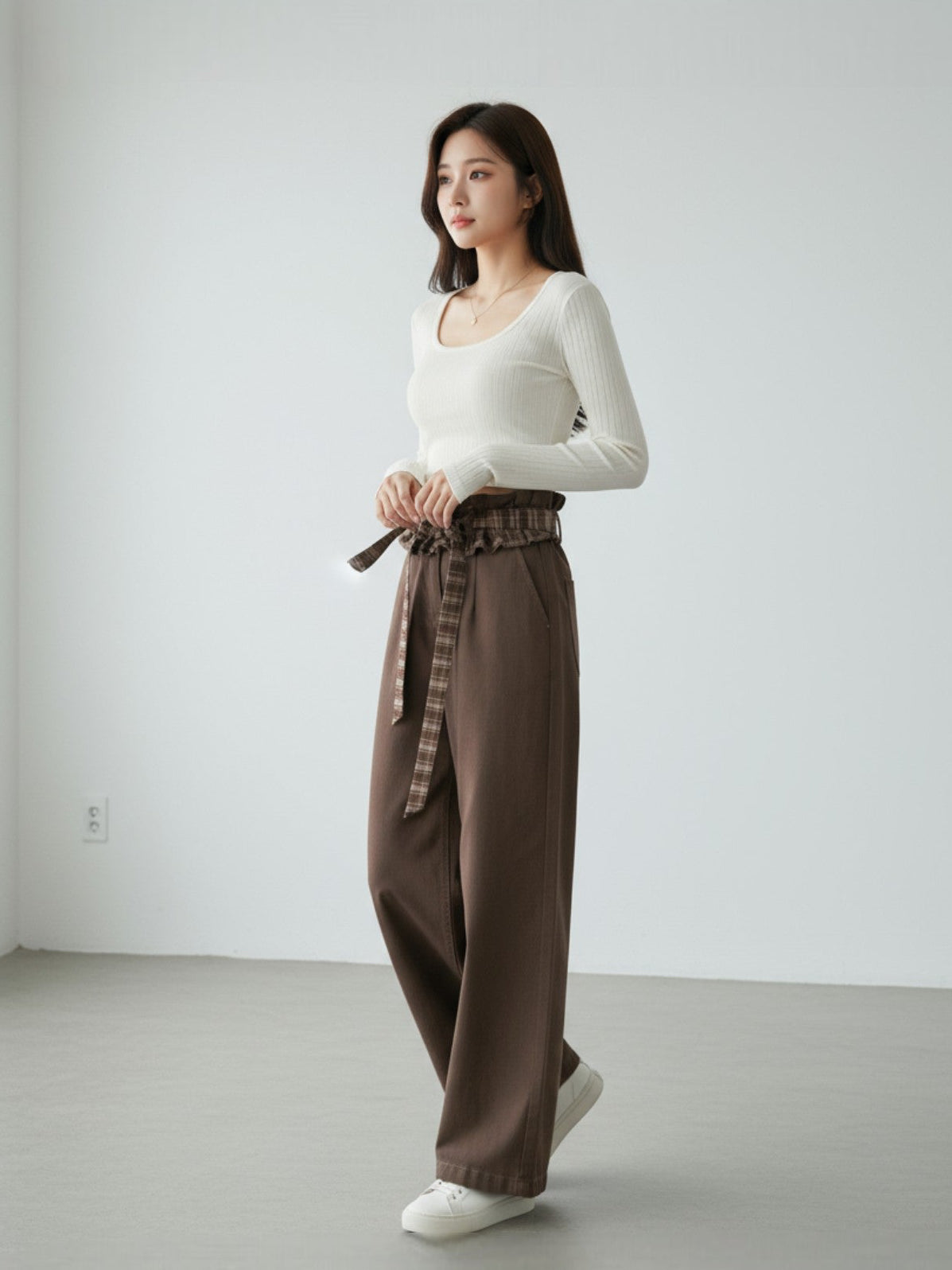 ［ SET ］スクエアネックリブニットトップス×チェックリボン付きフリルウエストワイドパンツ
