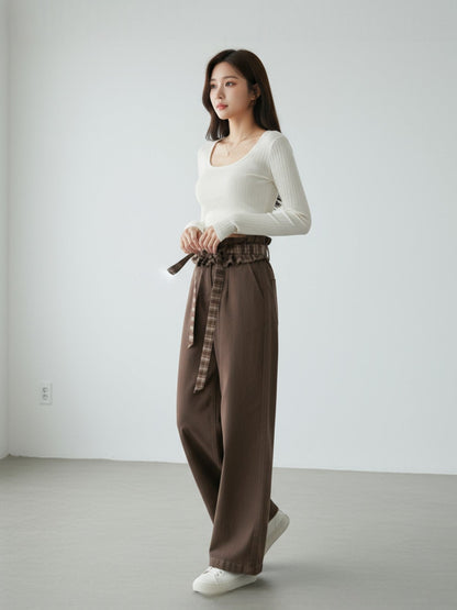 ［ SET ］スクエアネックリブニットトップス×チェックリボン付きフリルウエストワイドパンツ