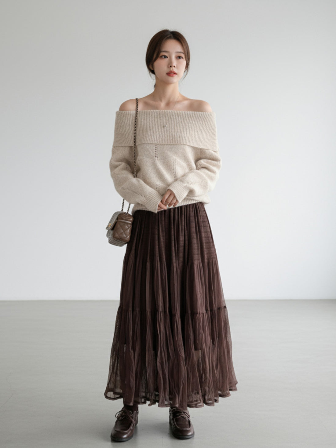 ［ SET ］オフショルダールーズニットプルオーバー×ティアードシフォンロングスカート