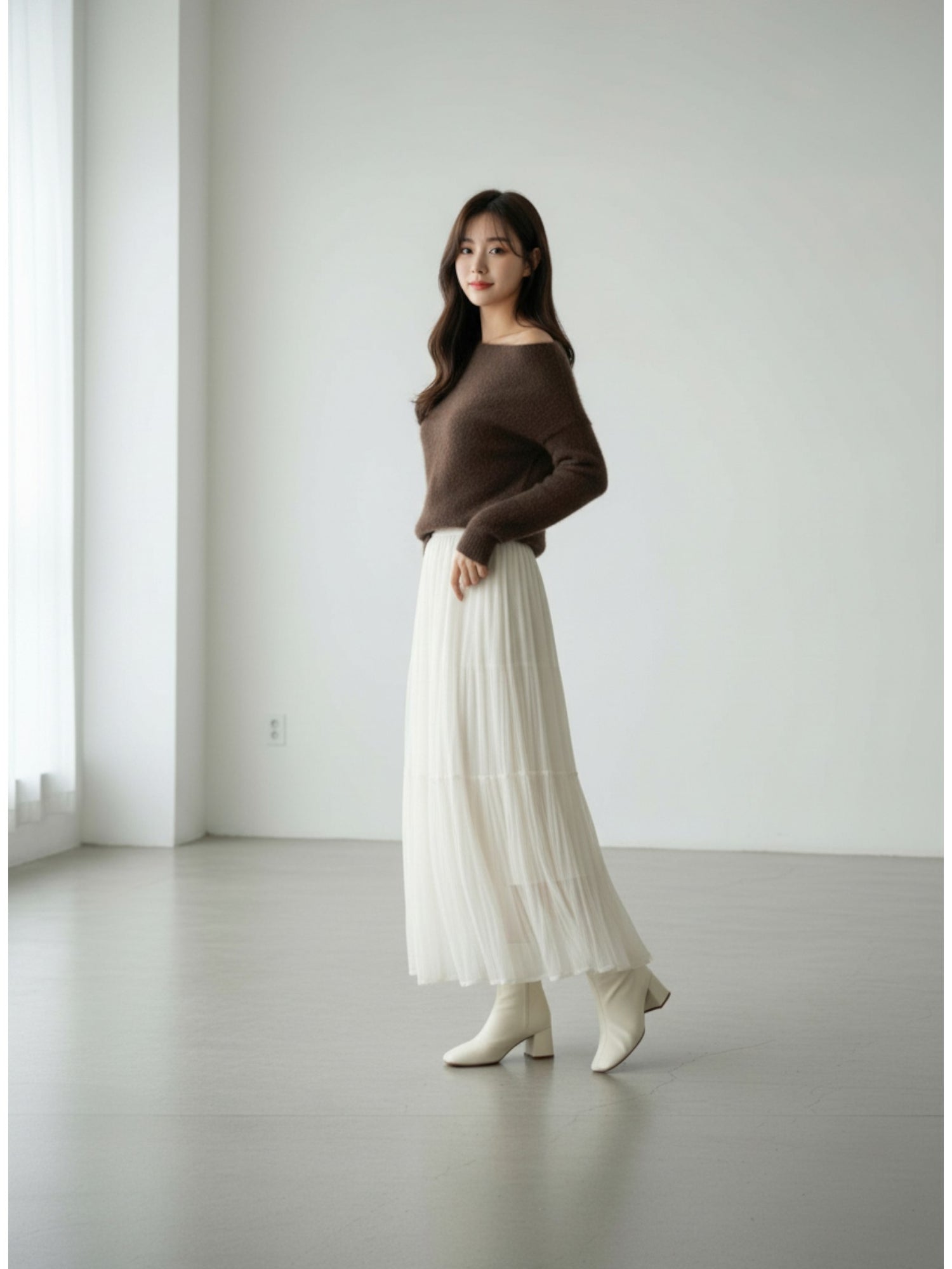 ［ SET ］モヘアライクフェザーニットプルオーバー × ティアードシフォンロングスカート
