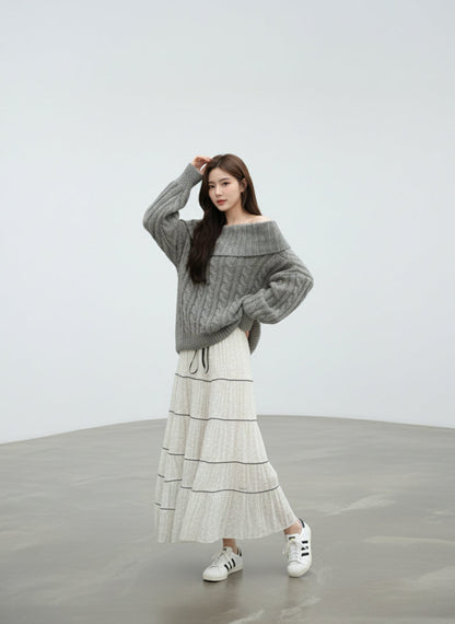 ［ SET ］ケーブルオフショルダーニットトップス×チュールティアードスカート