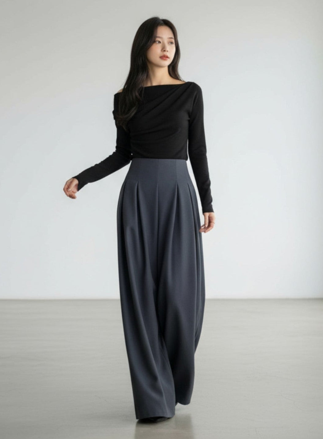 ［ SET ］エレガントドレープネックトップス×タックデザインハイウエストワイドパンツ