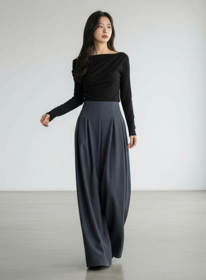 ［ SET ］エレガントドレープネックトップス×タックデザインハイウエストワイドパンツ
