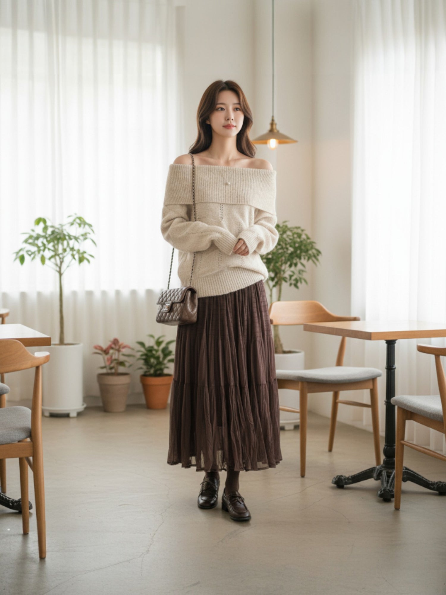 ［ SET ］オフショルダールーズニットプルオーバー×ティアードシフォンロングスカート