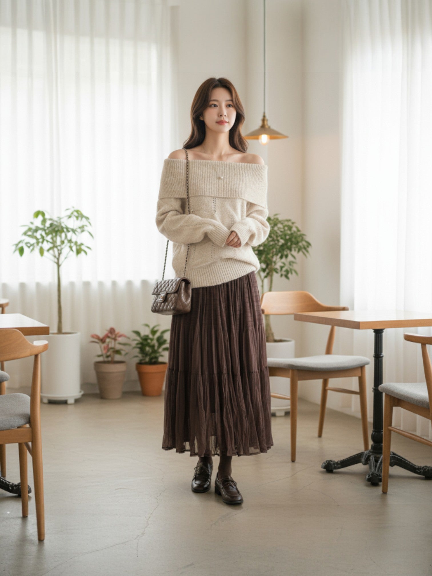 ［ SET ］オフショルダールーズニットプルオーバー×ティアードシフォンロングスカート