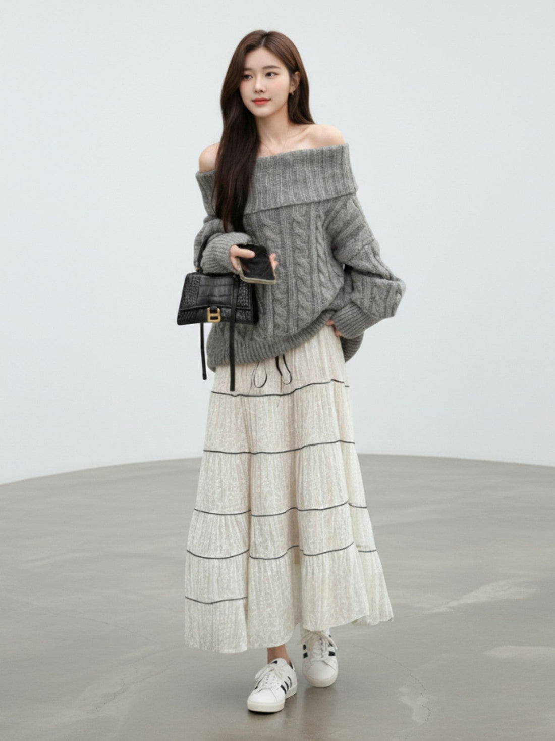 ［ SET ］ケーブルオフショルダーニットトップス×チュールティアードスカート