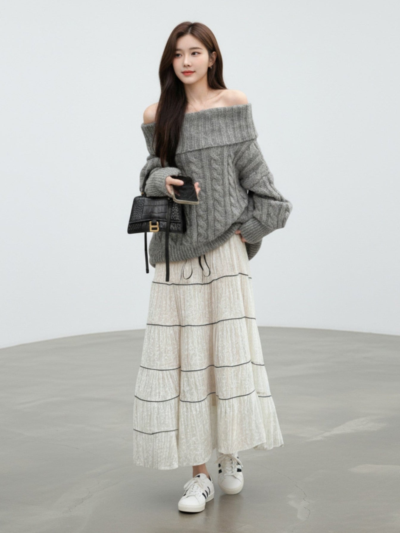 ［ SET ］ケーブルオフショルダーニットトップス×チュールティアードスカート