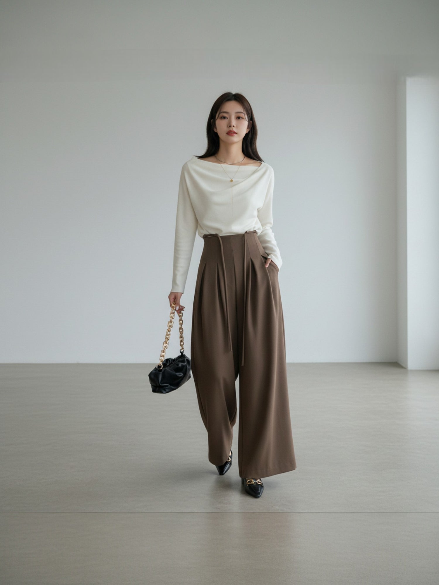 ［ SET ］エレガントドレープネックトップス×タックデザインハイウエストワイドパンツ