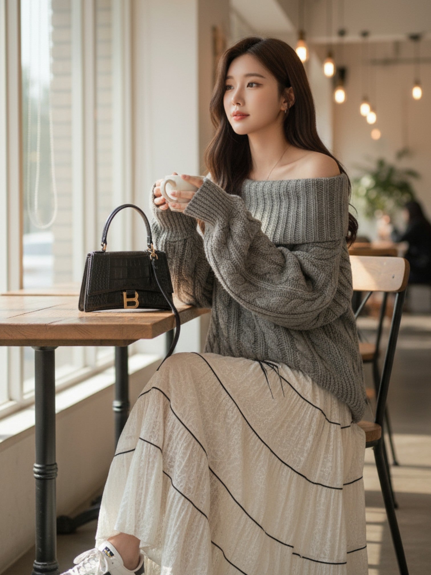 ［ SET ］ケーブルオフショルダーニットトップス×チュールティアードスカート