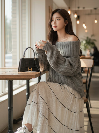 ［ SET ］ケーブルオフショルダーニットトップス×チュールティアードスカート