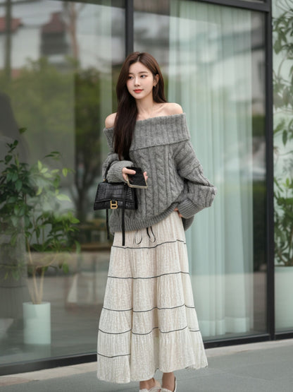 ［ SET ］ケーブルオフショルダーニットトップス×チュールティアードスカート