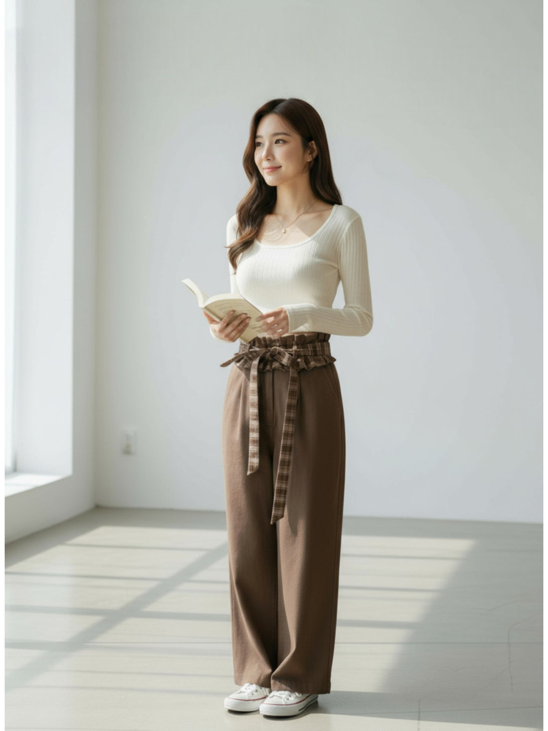 ［ SET ］スクエアネックリブニットトップス×チェックリボン付きフリルウエストワイドパンツ