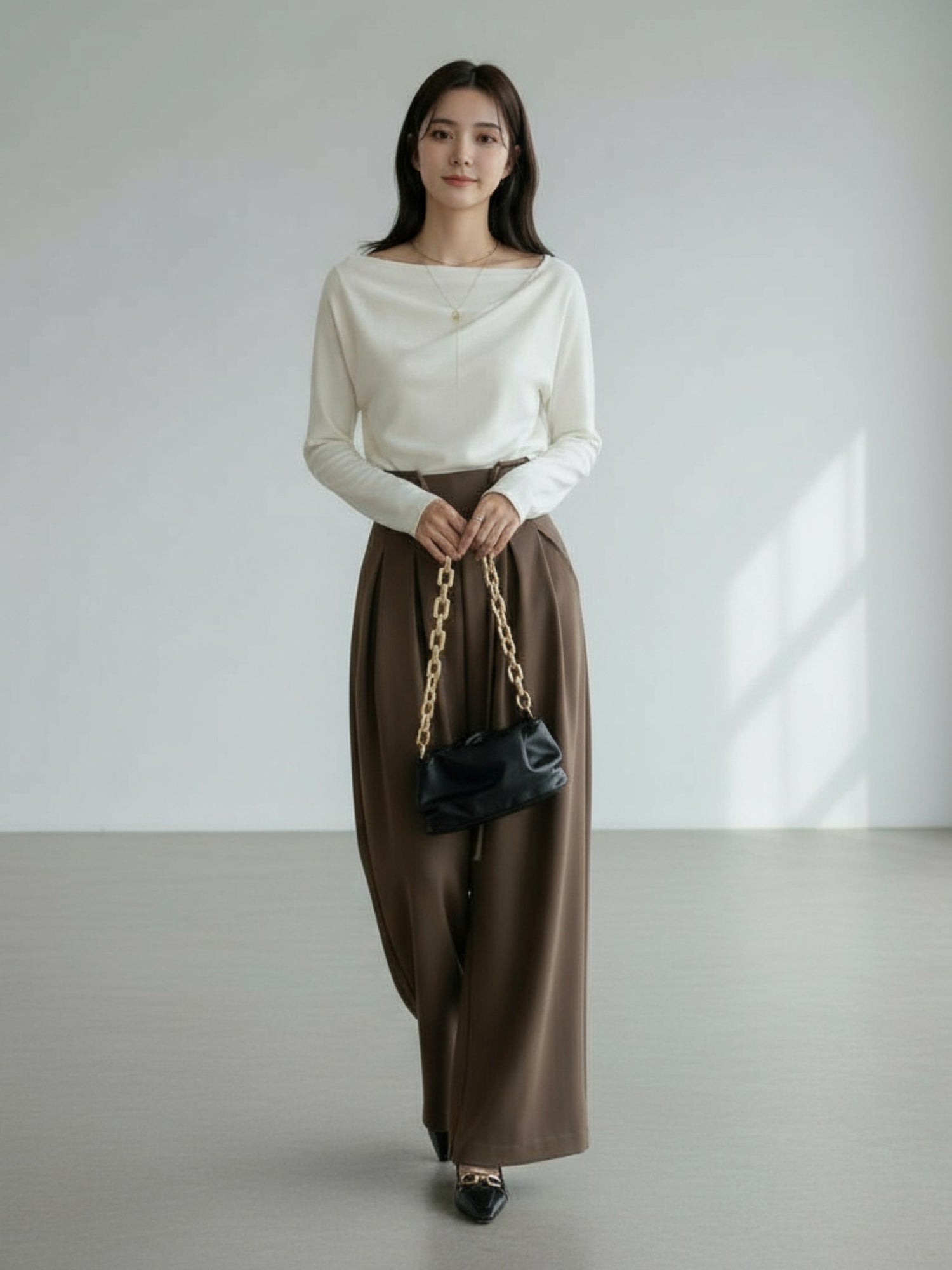 ［ SET ］エレガントドレープネックトップス×タックデザインハイウエストワイドパンツ