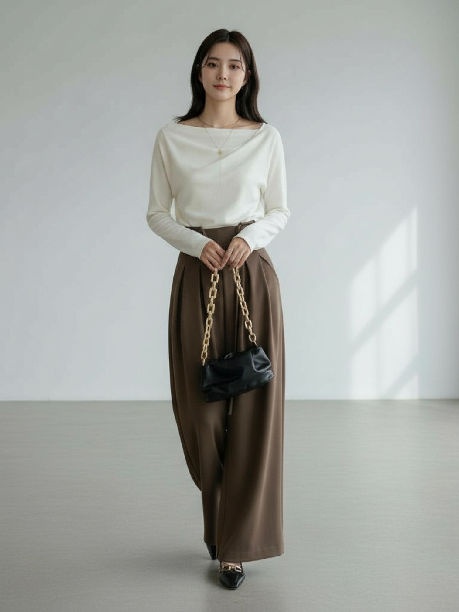 ［ SET ］エレガントドレープネックトップス×タックデザインハイウエストワイドパンツ