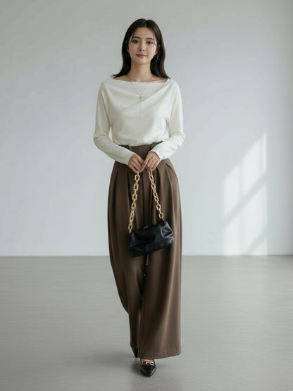 ［ SET ］エレガントドレープネックトップス×タックデザインハイウエストワイドパンツ