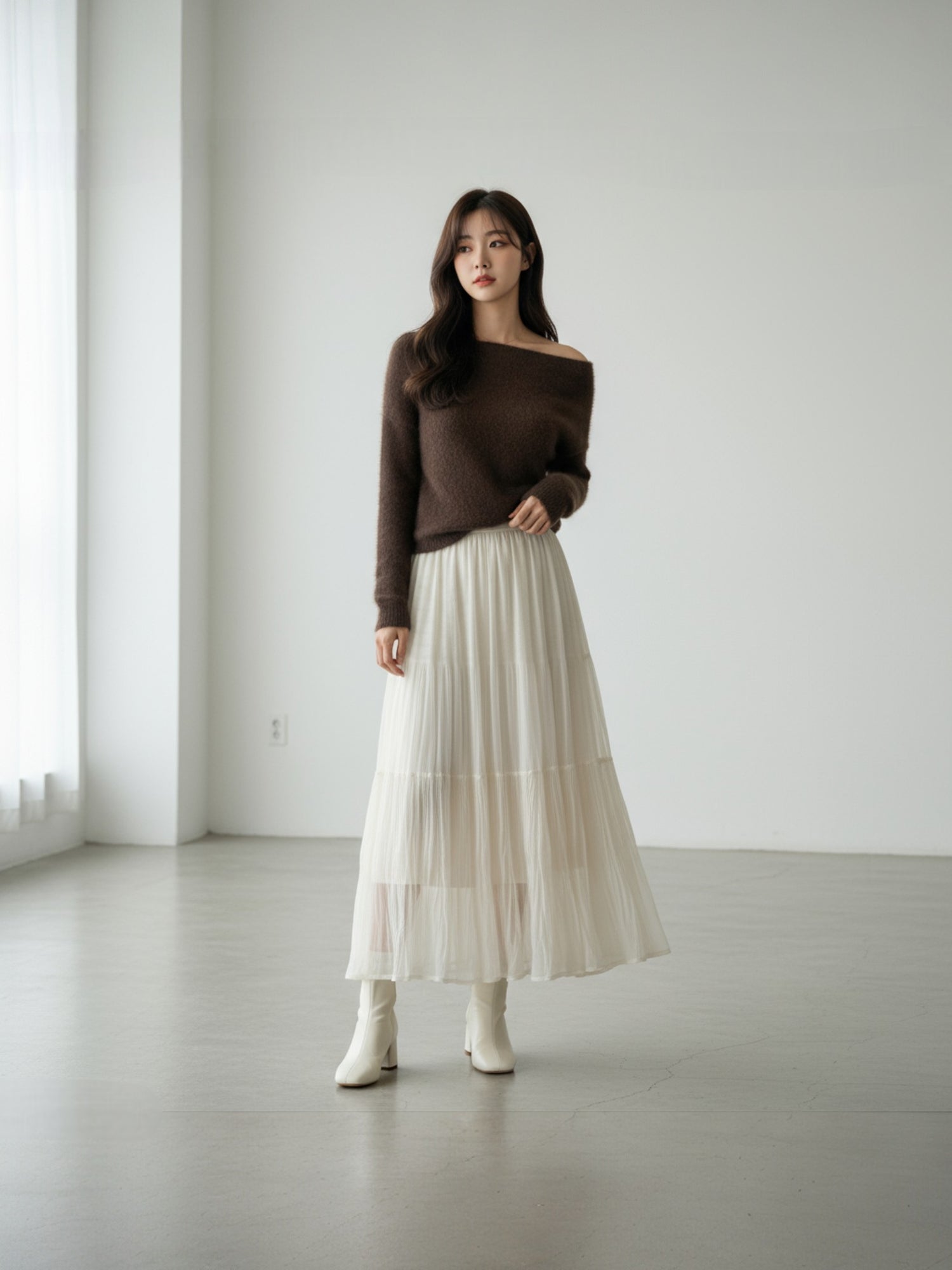 ［ SET ］モヘアライクフェザーニットプルオーバー × ティアードシフォンロングスカート