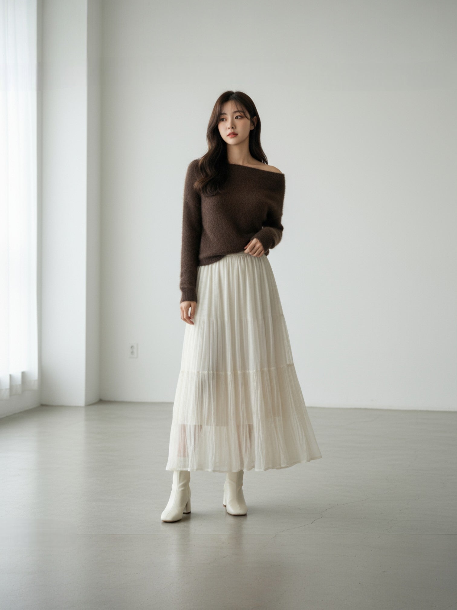 ［ SET ］モヘアライクフェザーニットプルオーバー × ティアードシフォンロングスカート