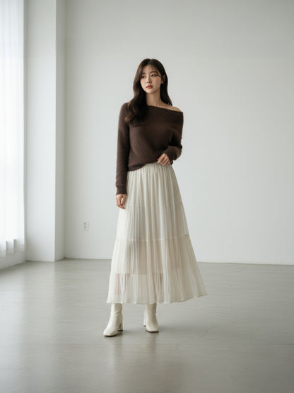 ［ SET ］モヘアライクフェザーニットプルオーバー × ティアードシフォンロングスカート