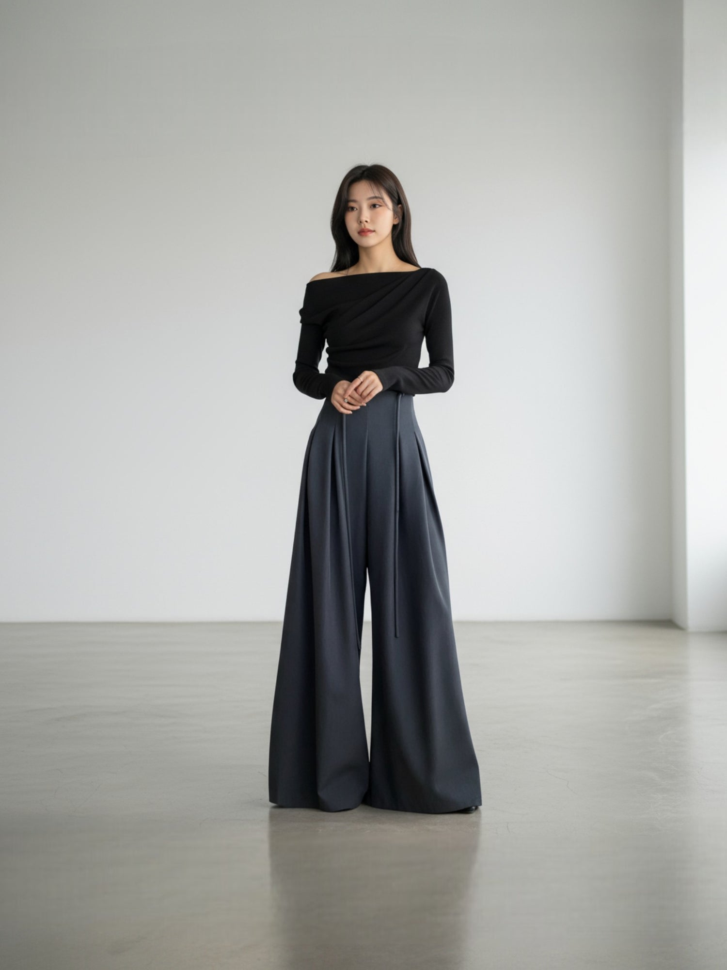 ［ SET ］エレガントドレープネックトップス×タックデザインハイウエストワイドパンツ