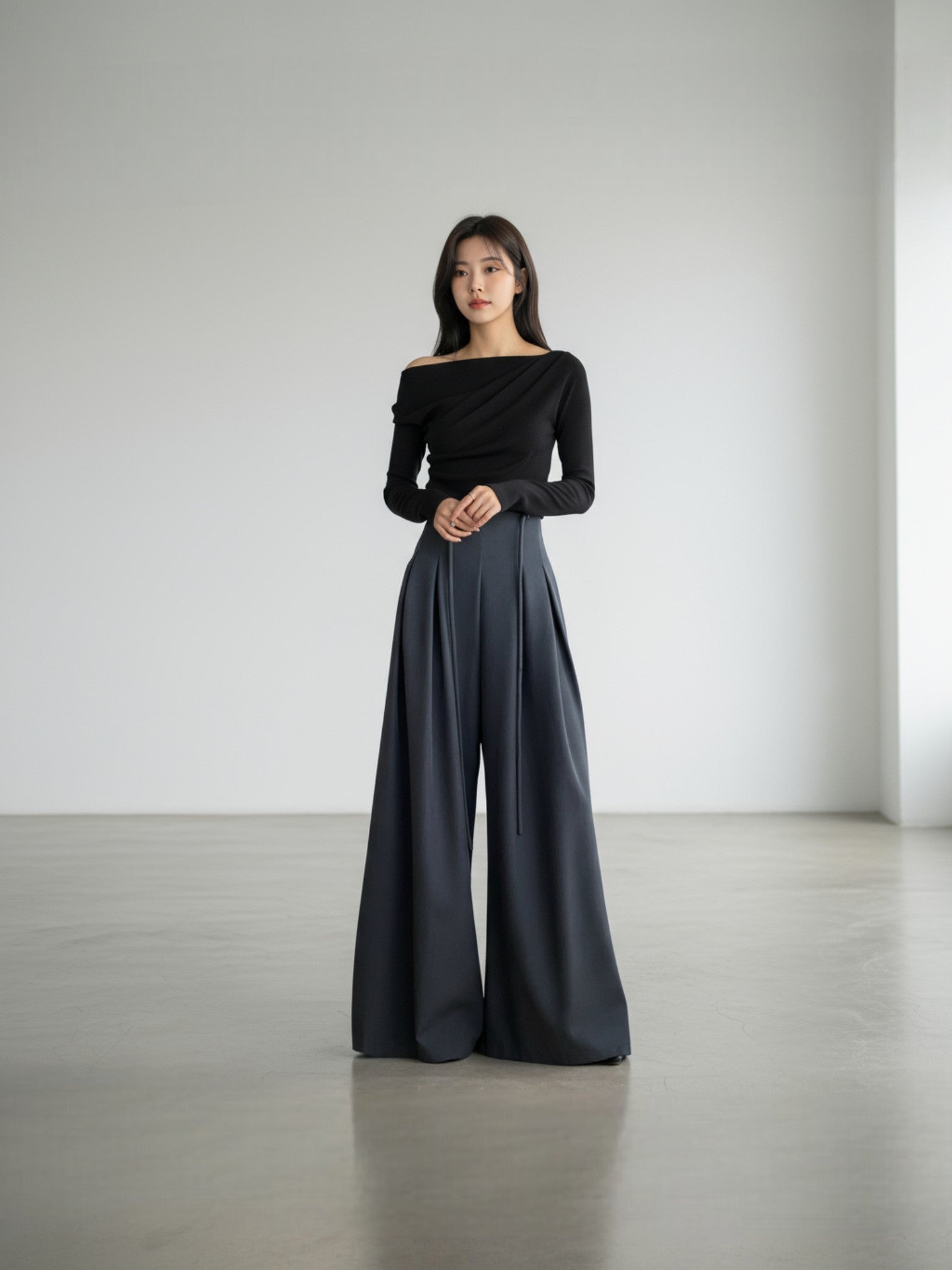 ［ SET ］エレガントドレープネックトップス×タックデザインハイウエストワイドパンツ