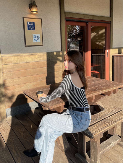 【即納】バックオープンボーダーカットソー