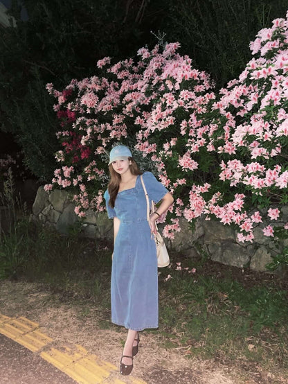 [ Influencer Recommend ]【即納】スクエアネック デニムロングワンピース