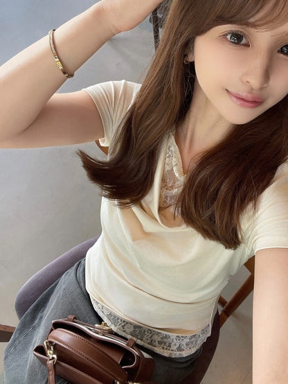 新作【即納 6/26(金)12:00～販売START】[ Influencer Recommend ] レースレイヤードドレープトップス