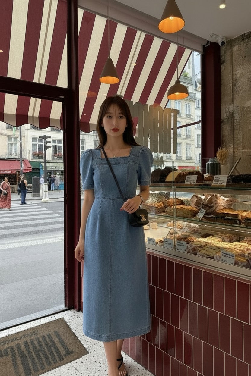【完売品】PINUE デニムワンピース　S Influencer Recommend ]【即納】スクエアネック デニムロング