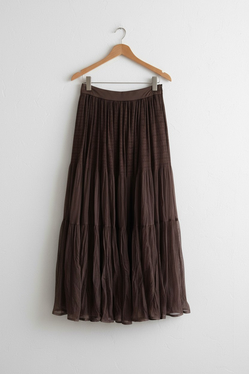 ［ SET ］オフショルダールーズニットプルオーバー×ティアードシフォンロングスカート