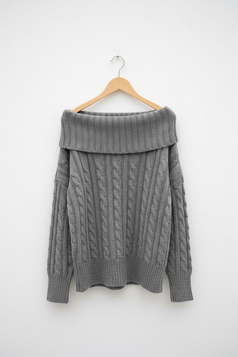 ［ SET ］ケーブルオフショルダーニットトップス×チュールティアードスカート