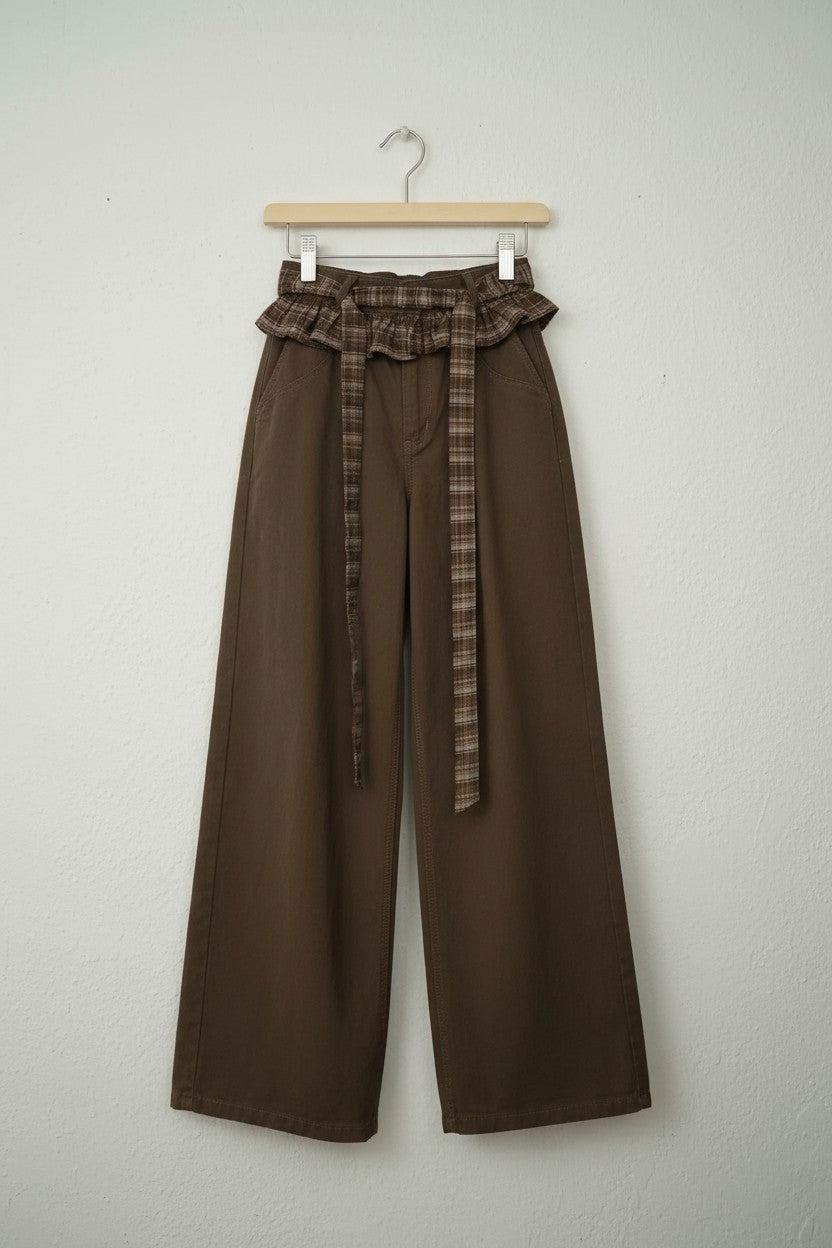 ［ SET ］スクエアネックリブニットトップス×チェックリボン付きフリルウエストワイドパンツ