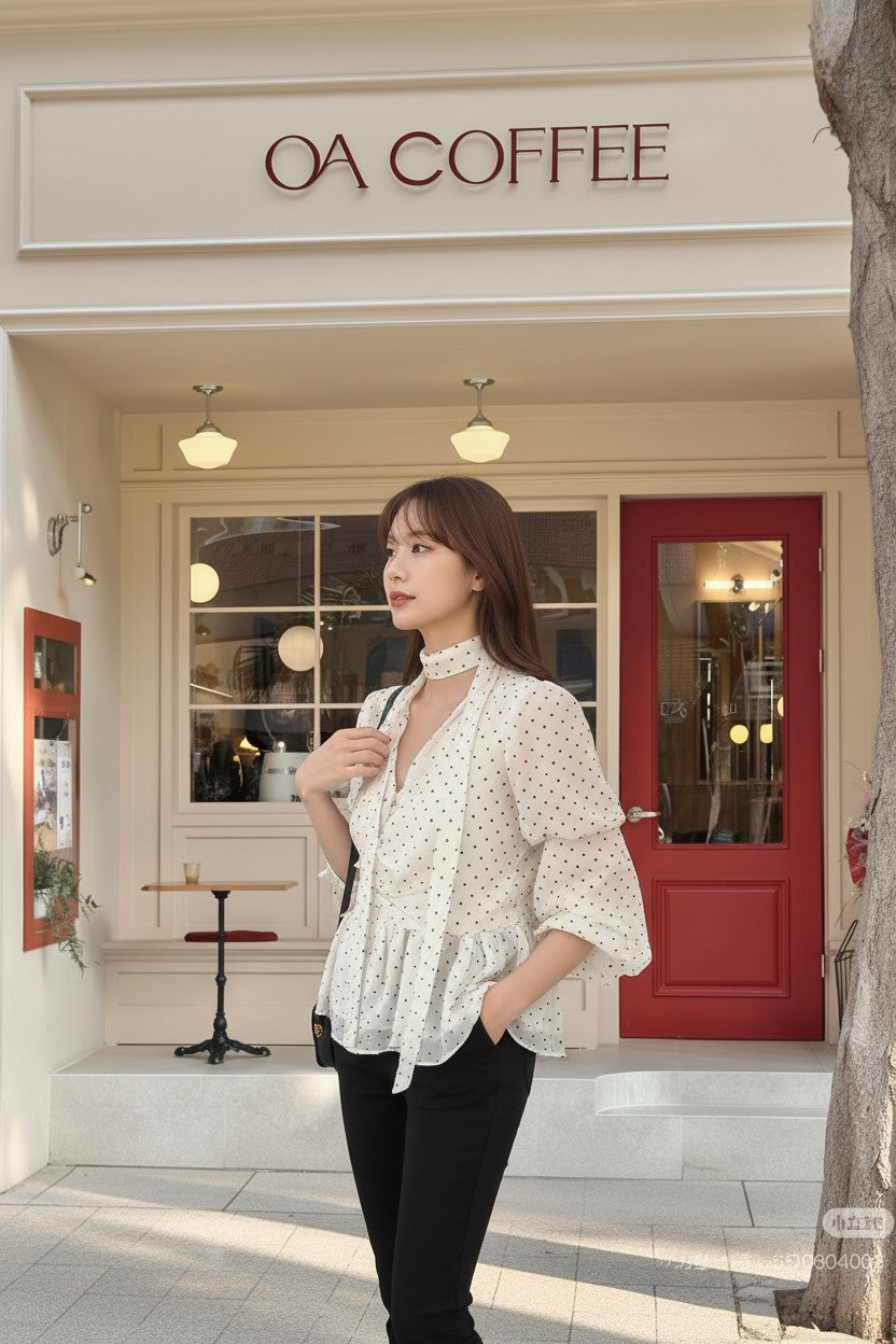 週末限定2BUY10%OFF｜【即納】クラシックドット タイネックシフォンブラウス