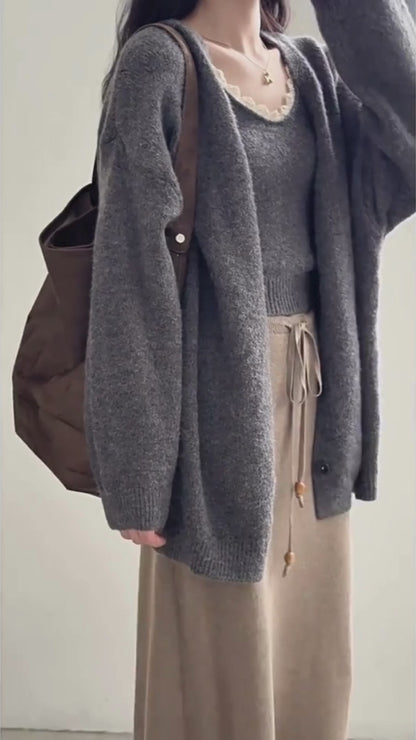 ソフトタッチニットカーデ＆レーストリムキャミトップセット