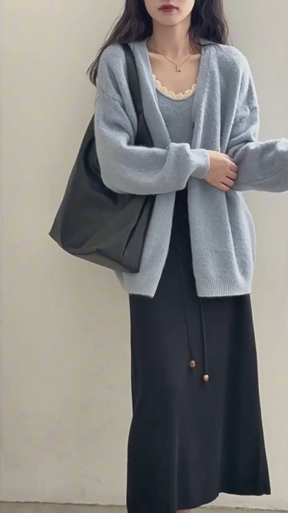 ソフトタッチニットカーデ＆レーストリムキャミトップセット